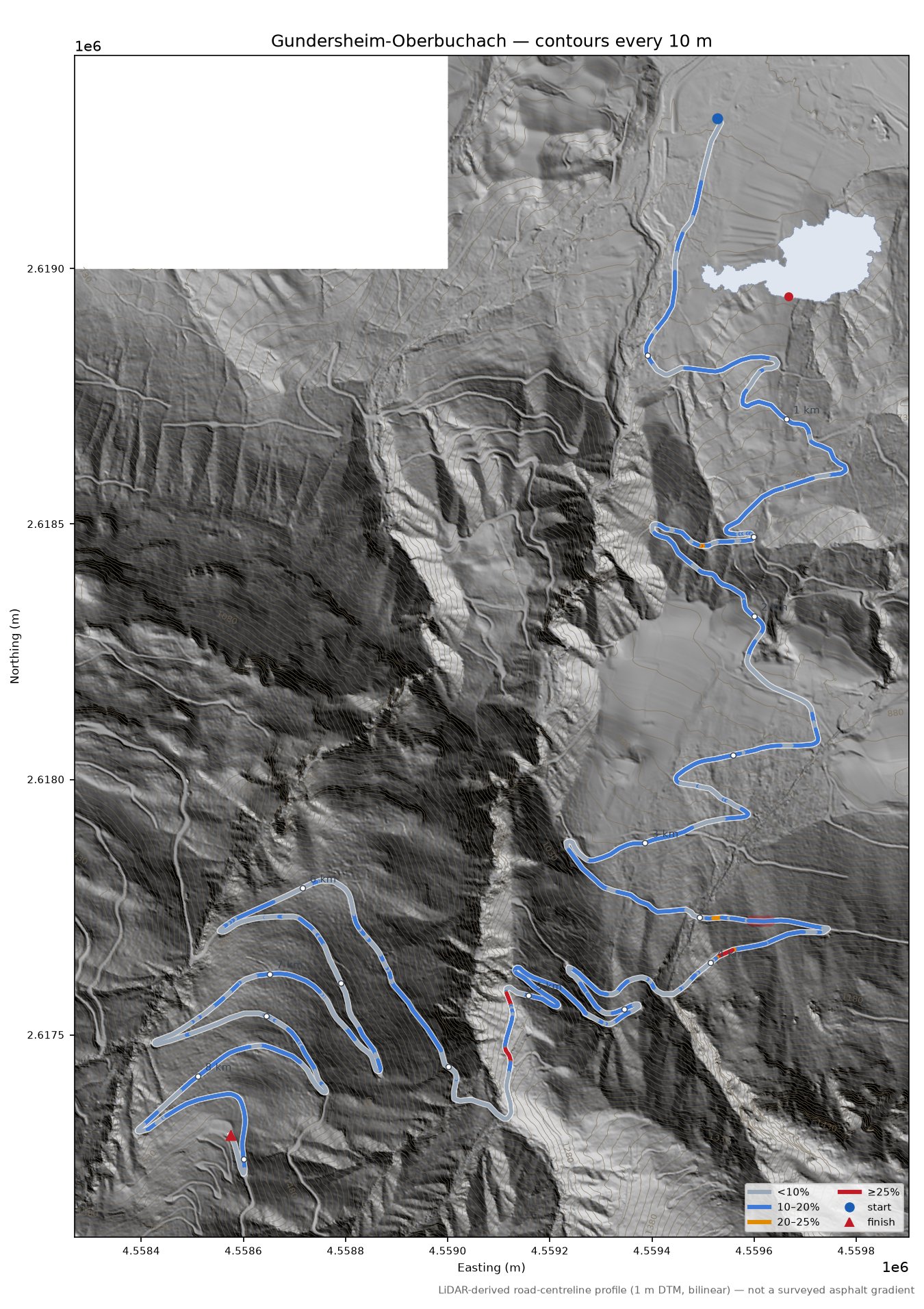 Gundersheim-Oberbuchach LiDAR hillshade map with contours