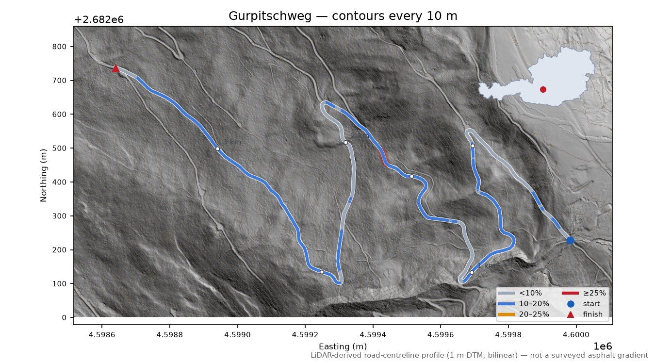 Gurpitschweg LiDAR hillshade map with contours