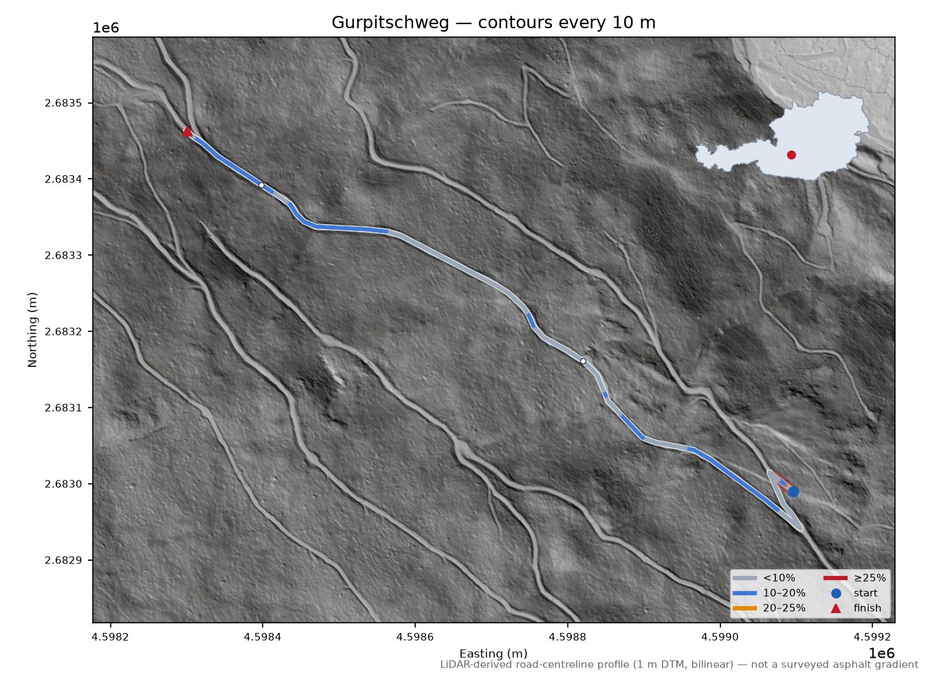 Gurpitschweg LiDAR hillshade map with contours