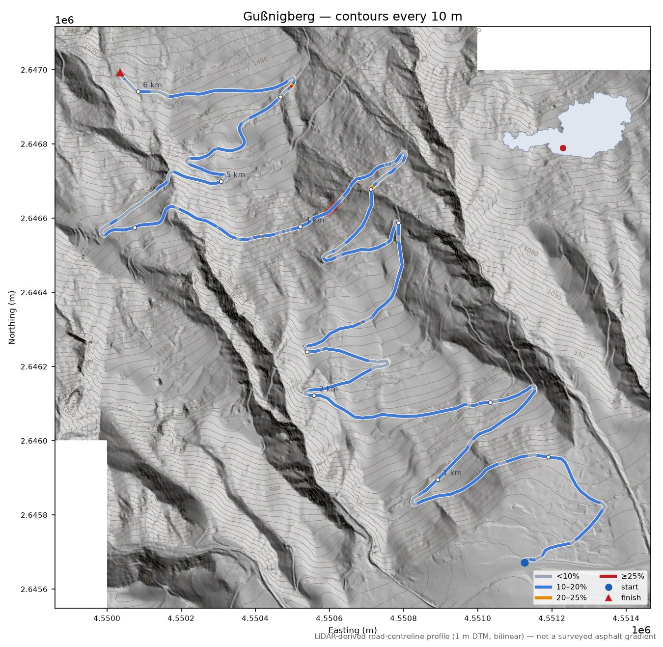 Gußnigberg LiDAR hillshade map with contours