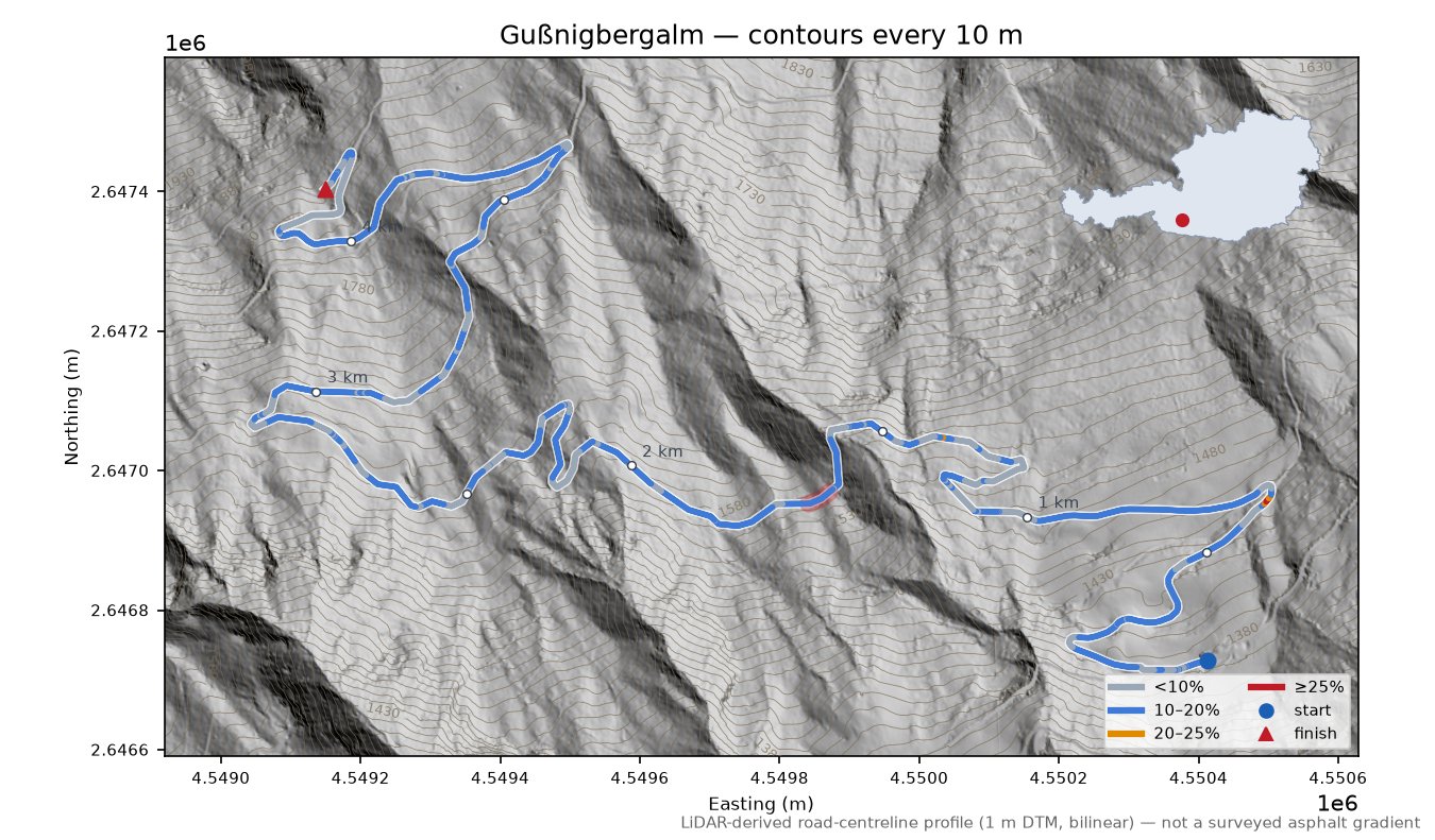 Gußnigbergalm LiDAR hillshade map with contours