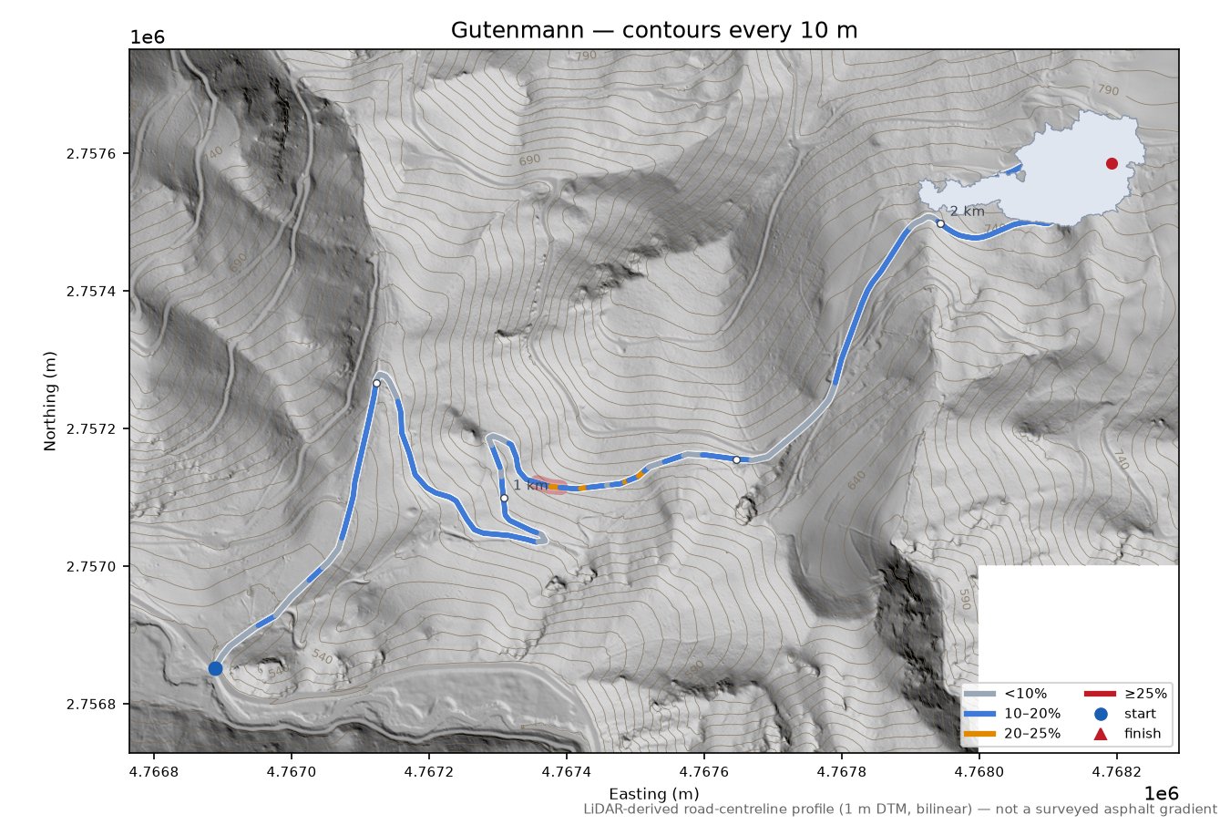 Gutenmann LiDAR hillshade map with contours