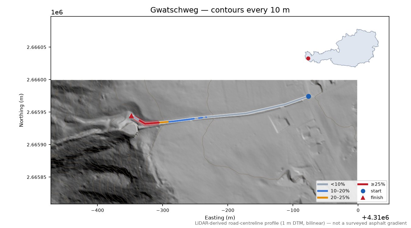 Gwatschweg LiDAR hillshade map with contours