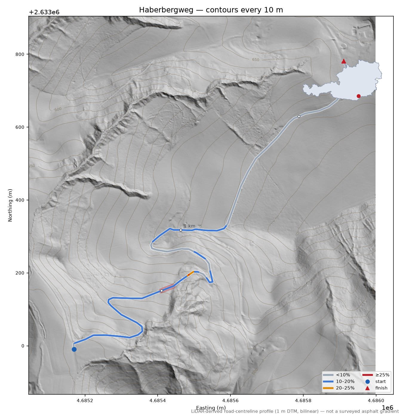 Haberbergweg LiDAR hillshade map with contours