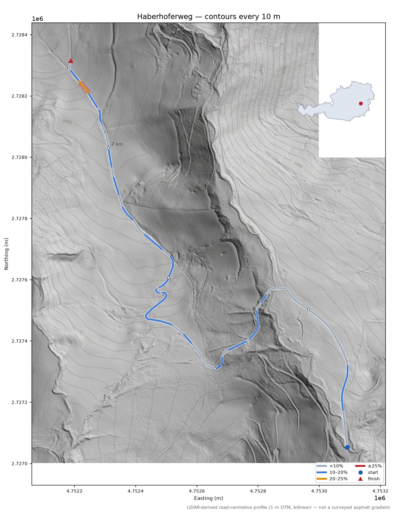 Haberhoferweg LiDAR hillshade map with contours
