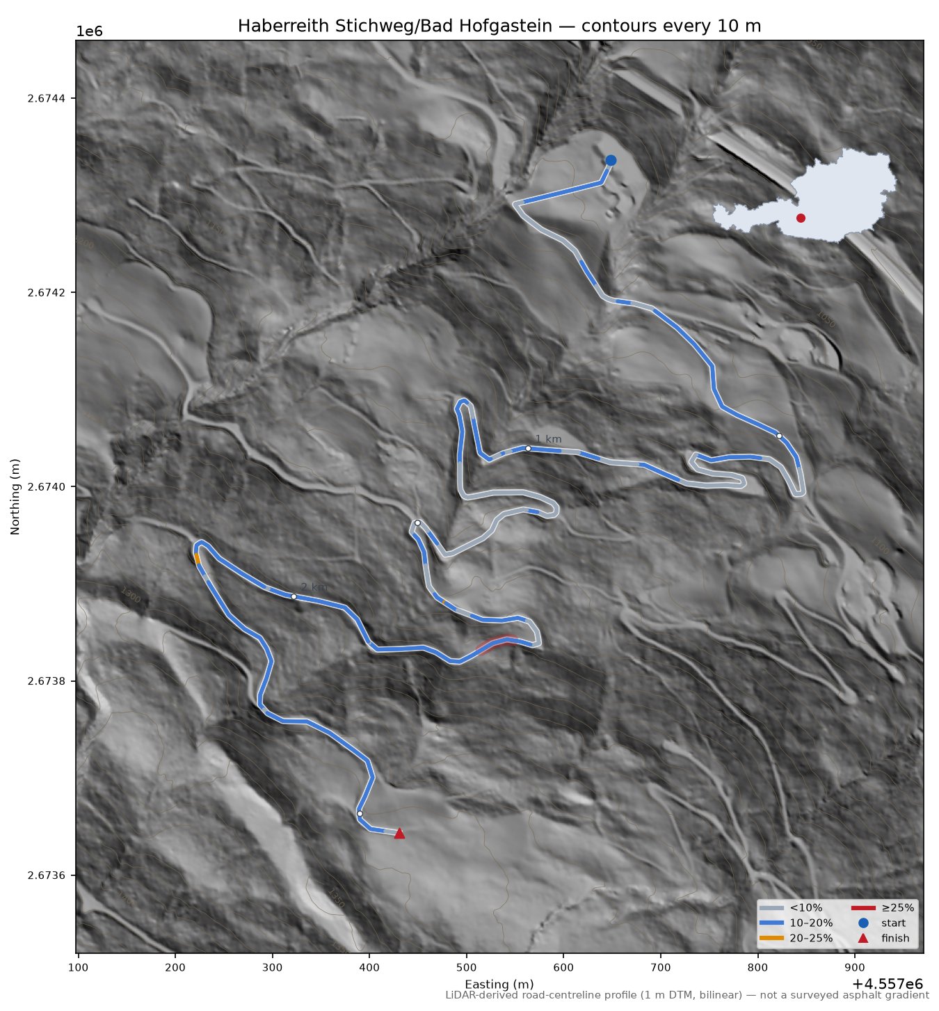 Haberreith Stichweg/Bad Hofgastein LiDAR hillshade map with contours