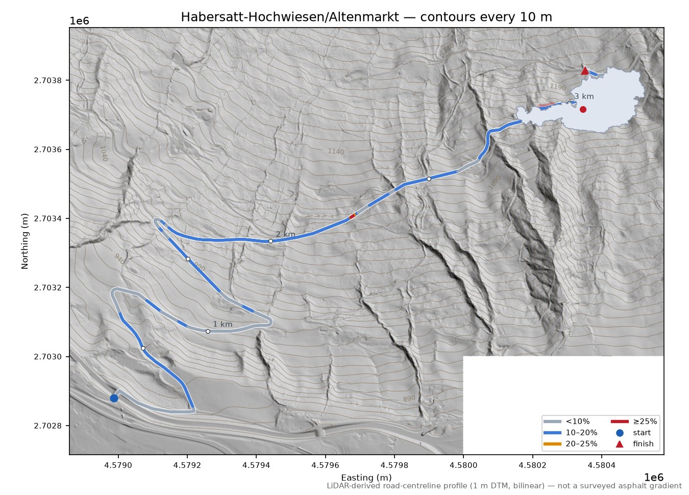 Habersatt-Hochwiesen/Altenmarkt LiDAR hillshade map with contours