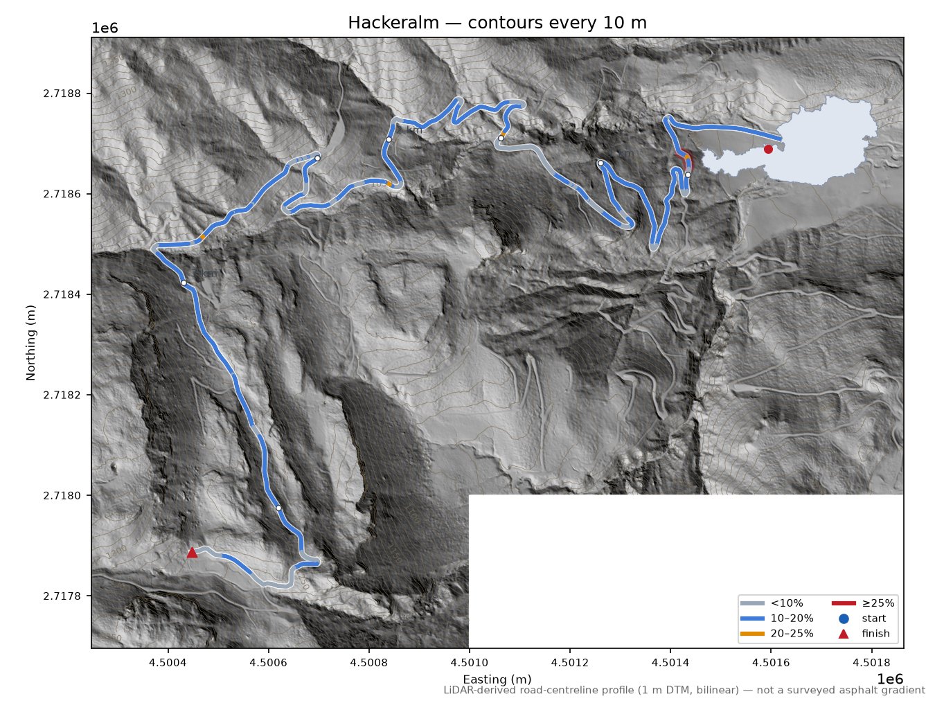 Hackeralm LiDAR hillshade map with contours