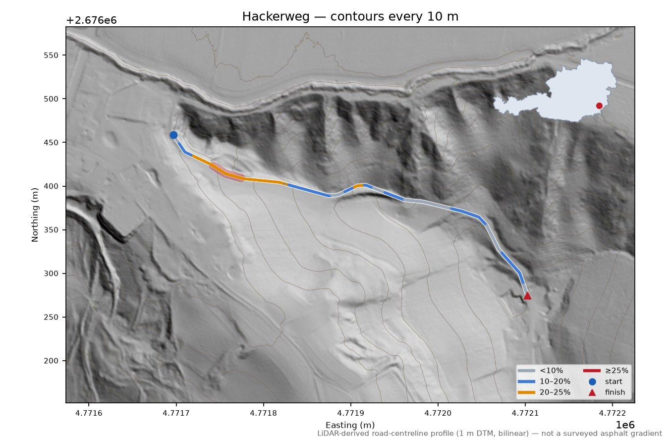 Hackerweg LiDAR hillshade map with contours
