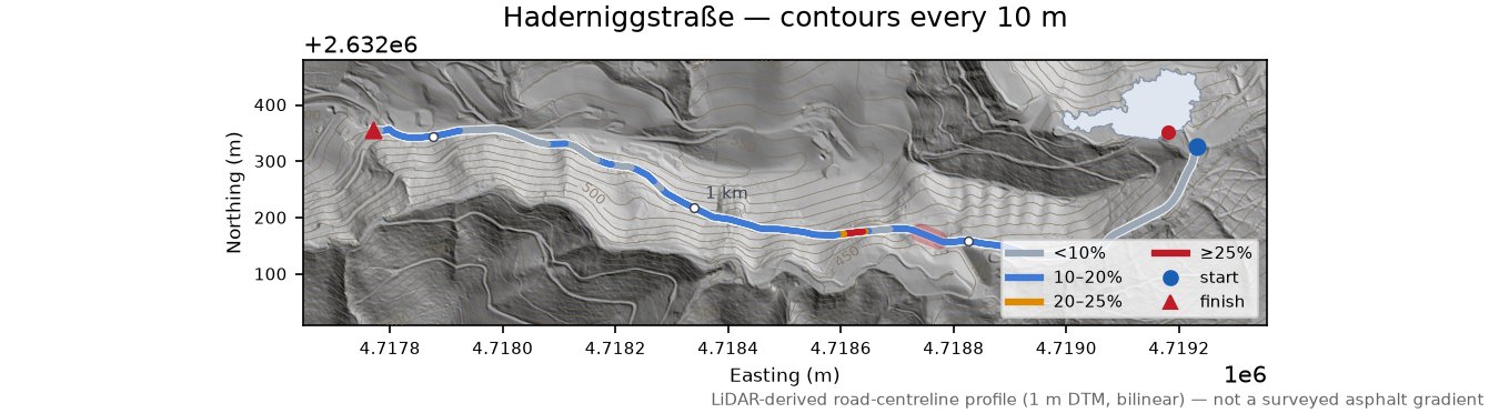 Haderniggstraße LiDAR hillshade map with contours