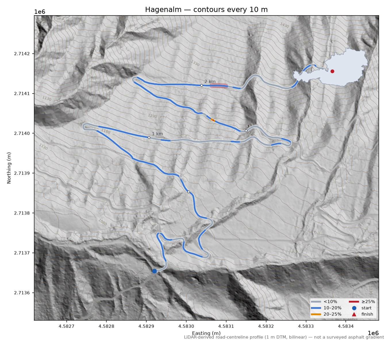 Hagenalm LiDAR hillshade map with contours