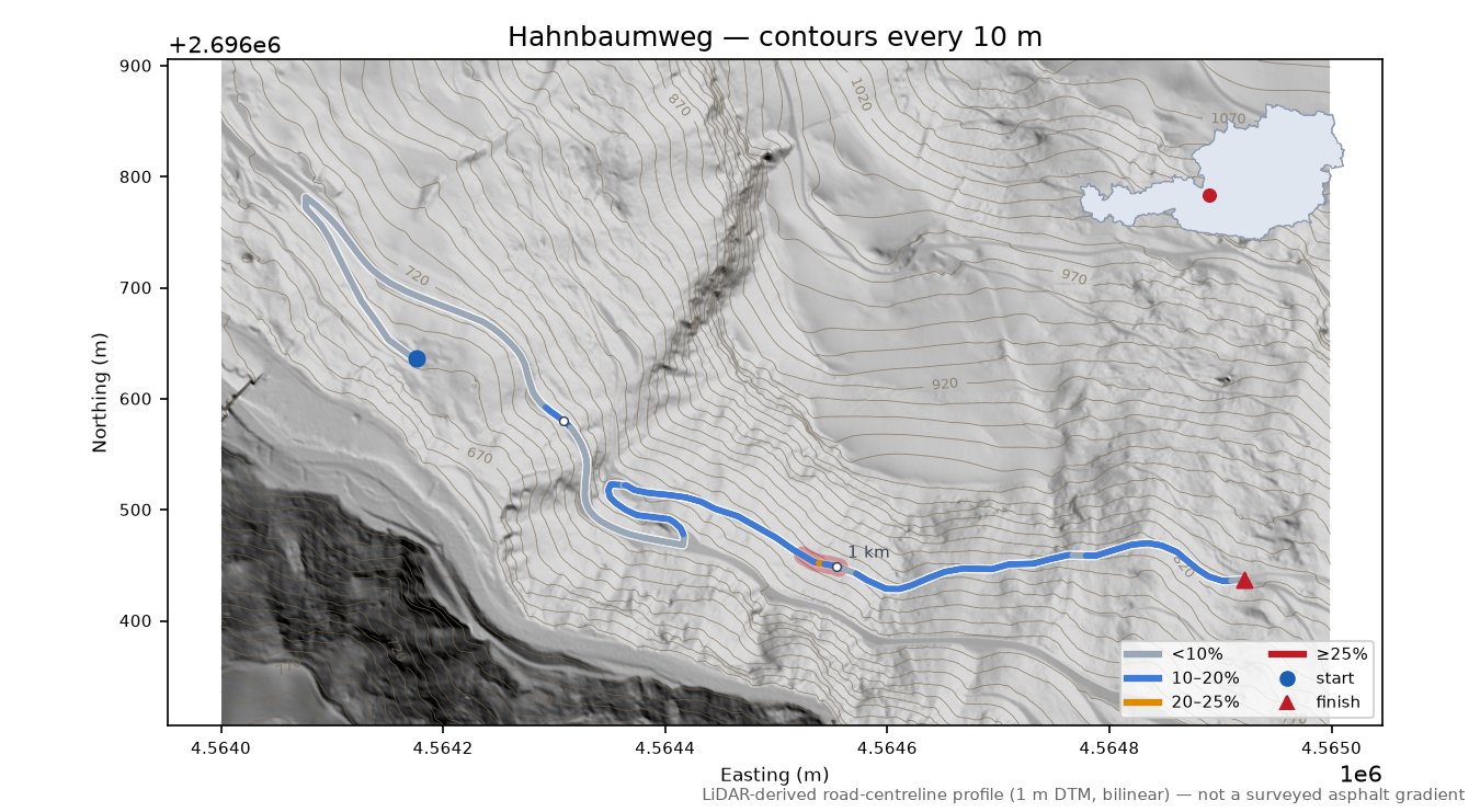 Hahnbaumweg LiDAR hillshade map with contours