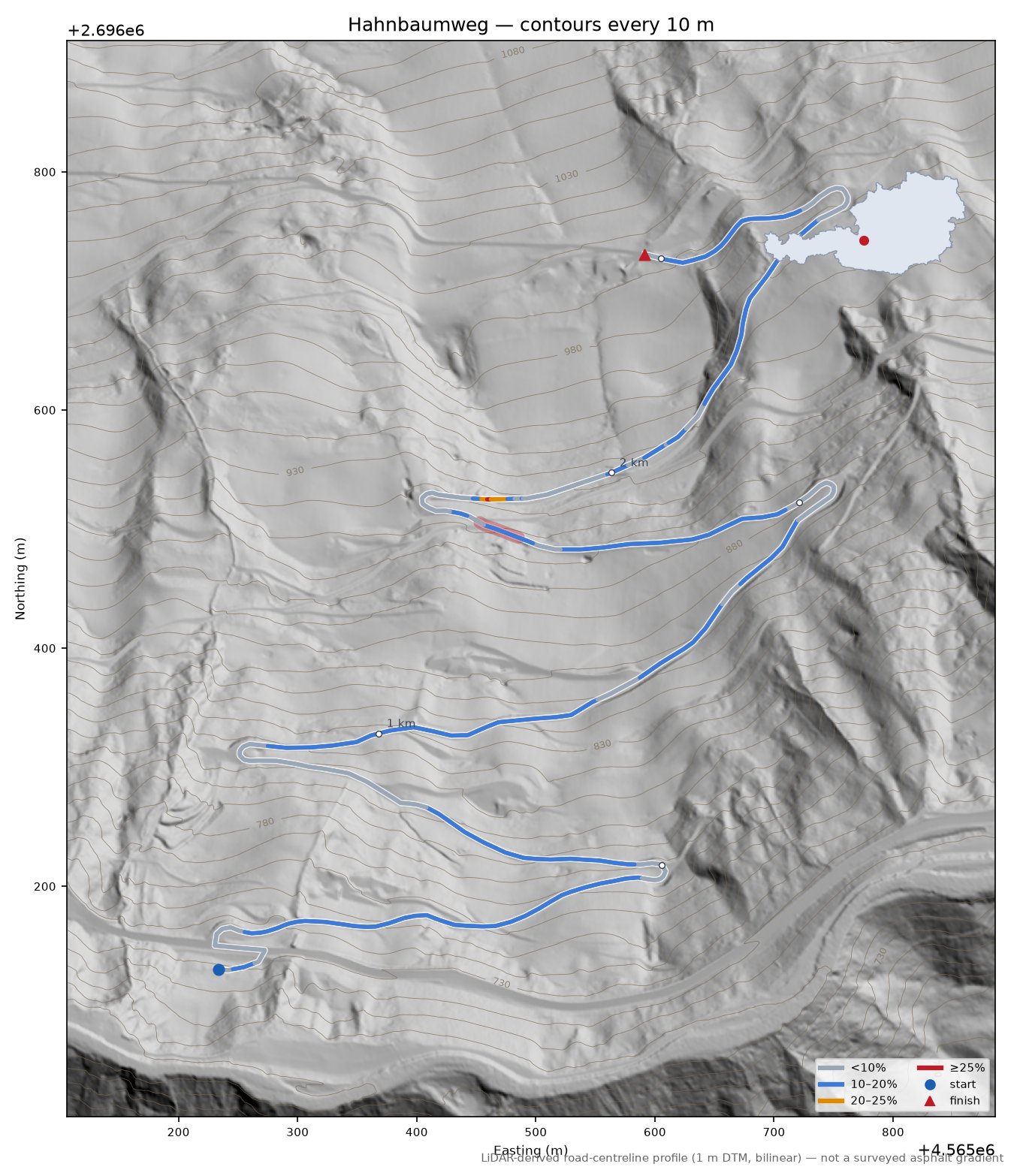 Hahnbaumweg LiDAR hillshade map with contours