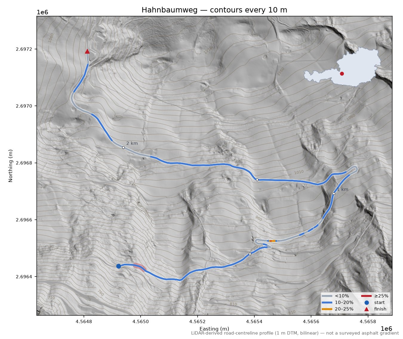 Hahnbaumweg LiDAR hillshade map with contours