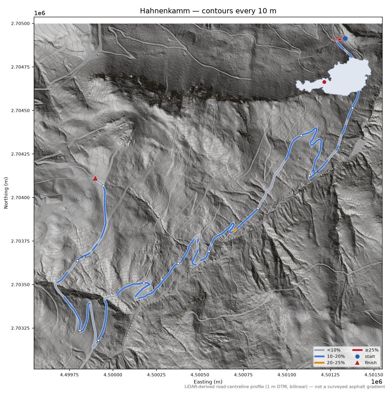 Hahnenkamm LiDAR hillshade map with contours