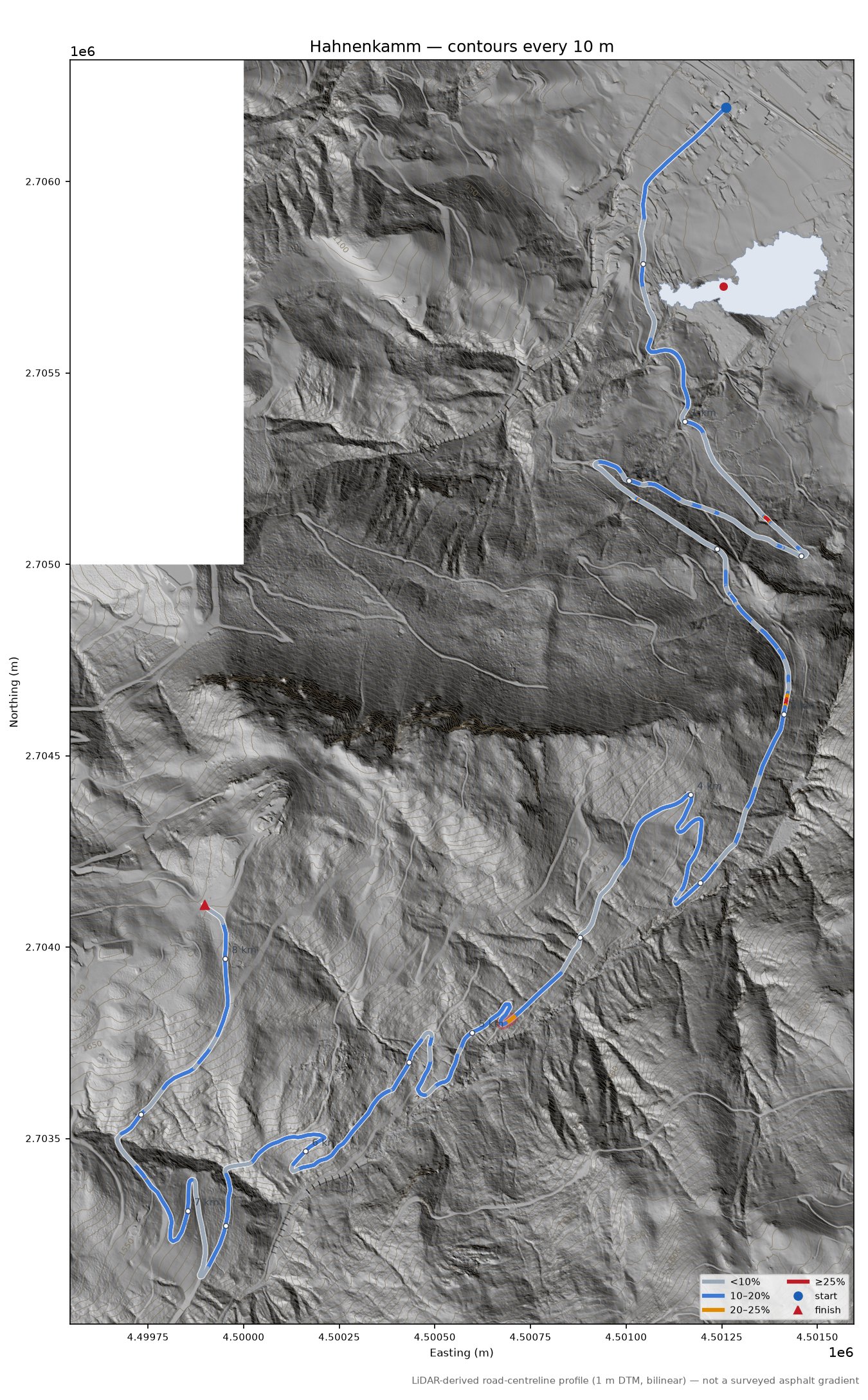 Hahnenkamm LiDAR hillshade map with contours