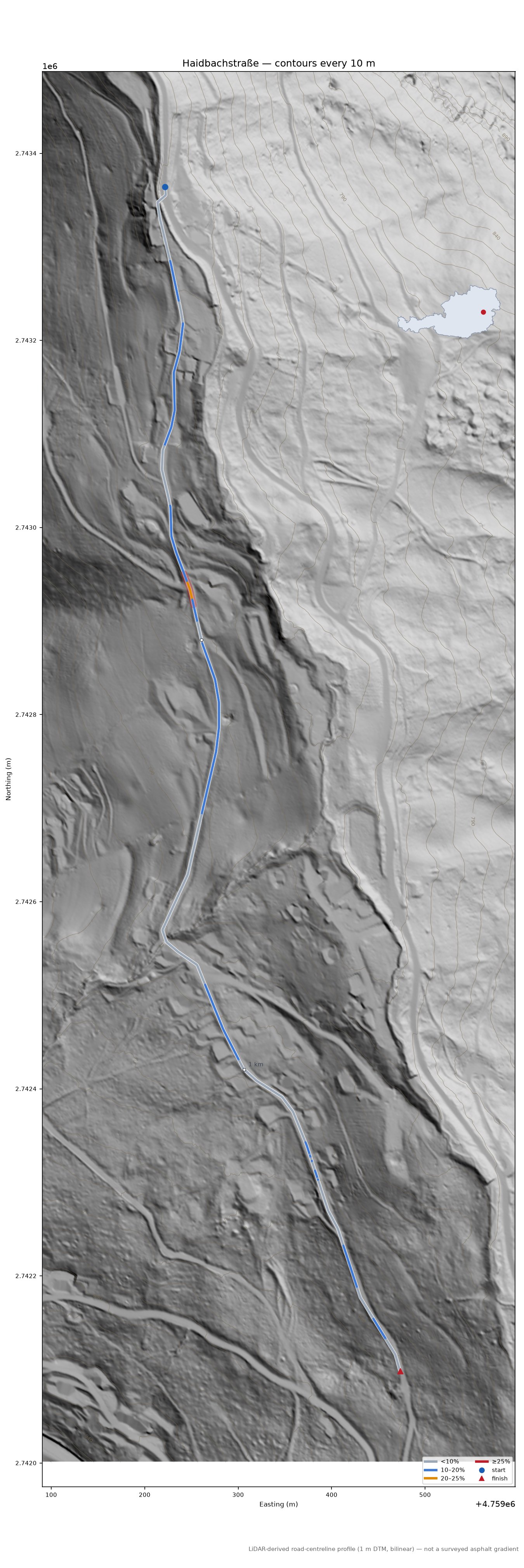 Haidbachstraße LiDAR hillshade map with contours