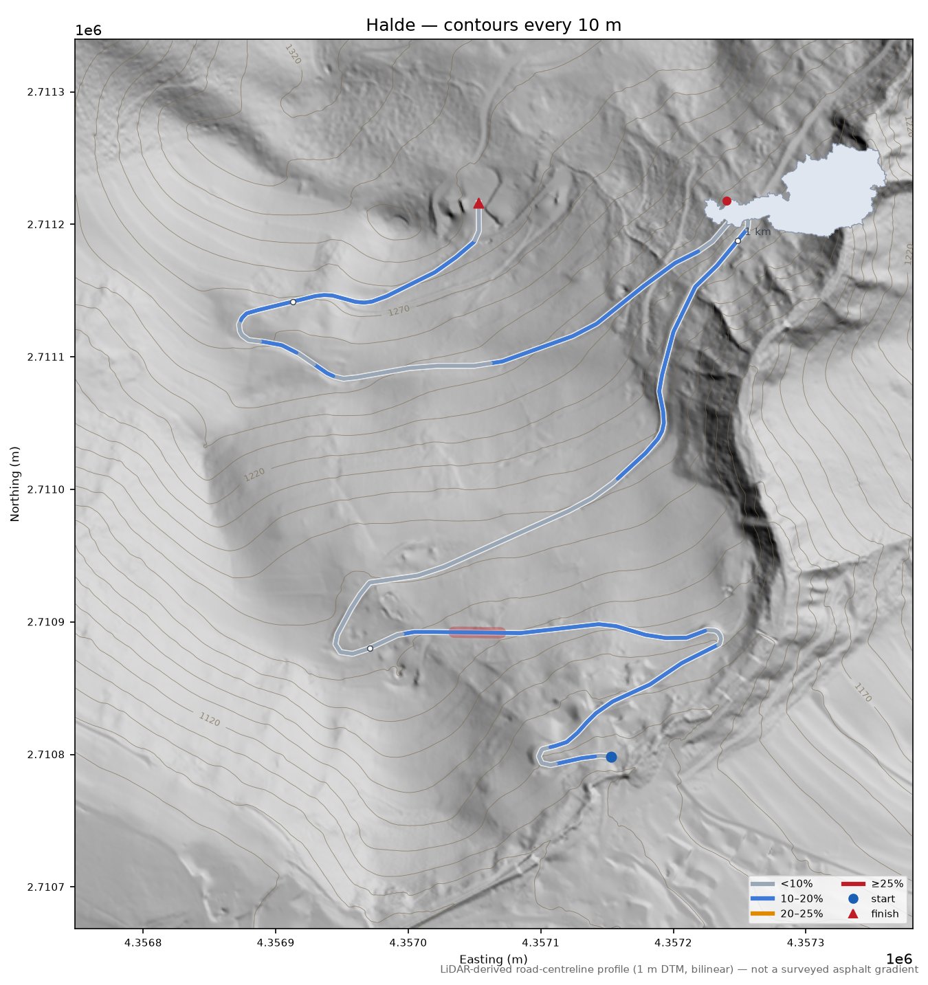 Halde LiDAR hillshade map with contours