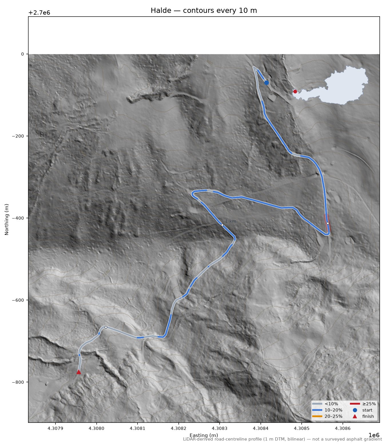 Halde LiDAR hillshade map with contours