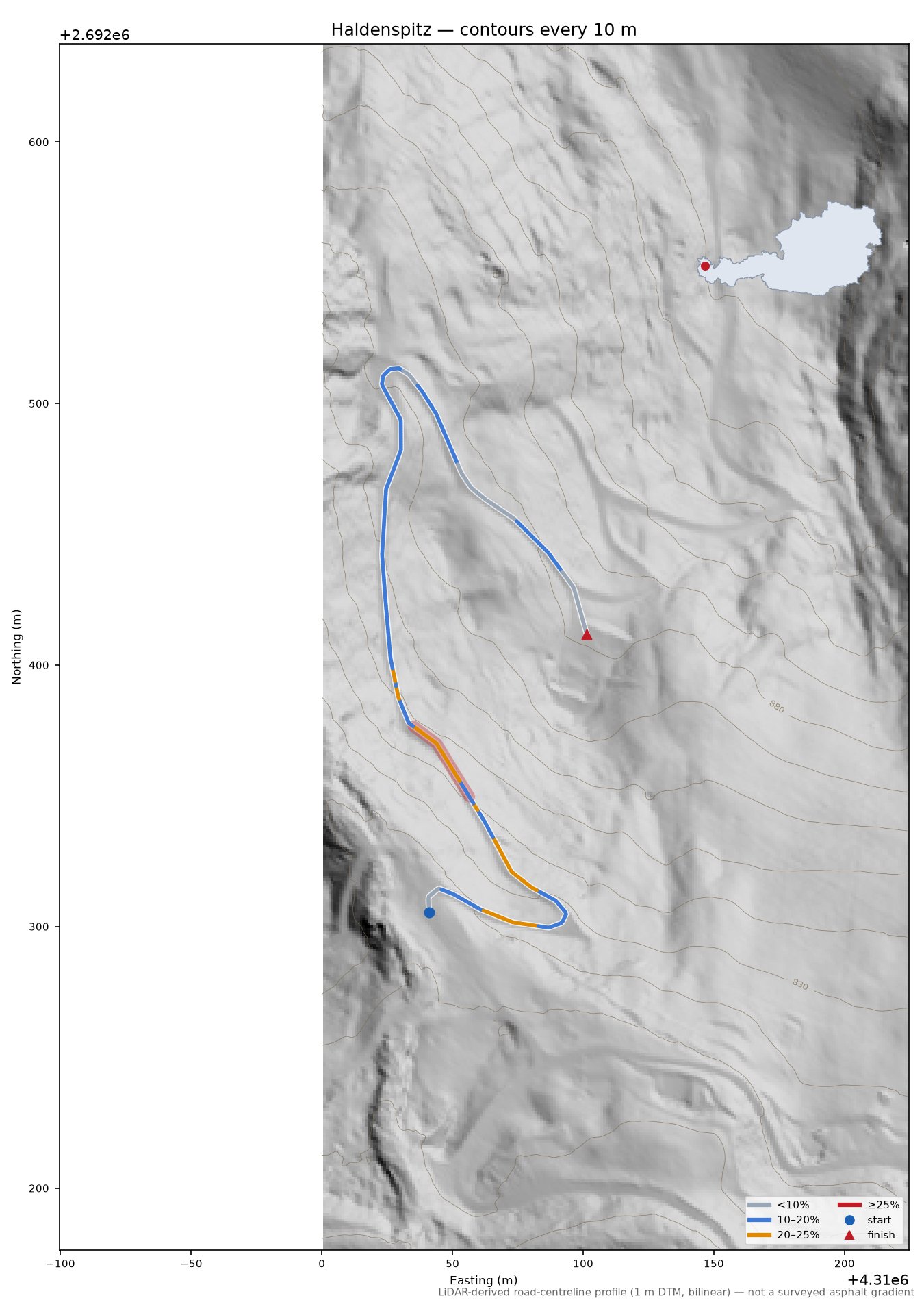 Haldenspitz LiDAR hillshade map with contours