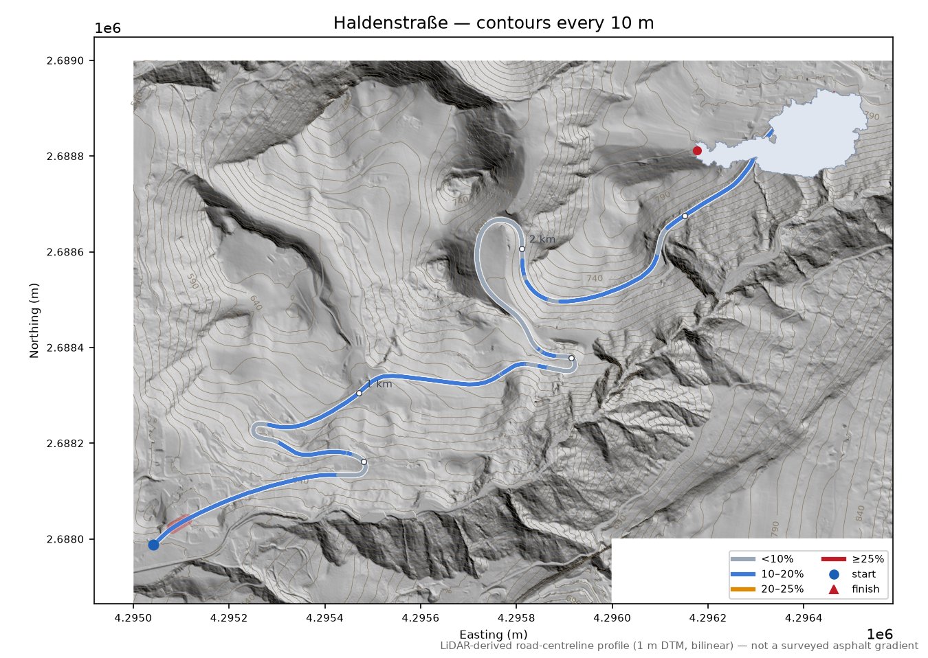 Haldenstraße LiDAR hillshade map with contours