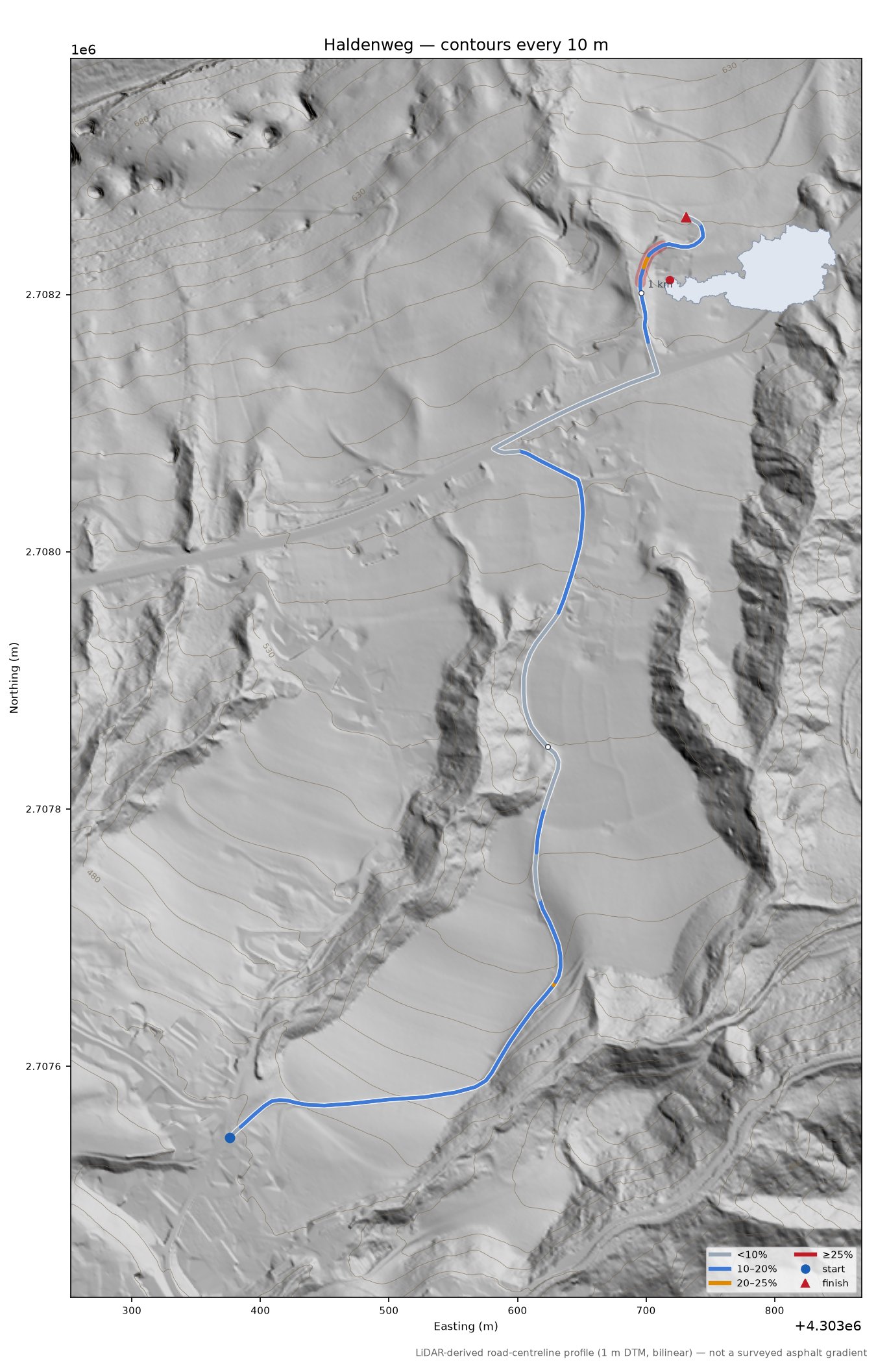 Haldenweg LiDAR hillshade map with contours
