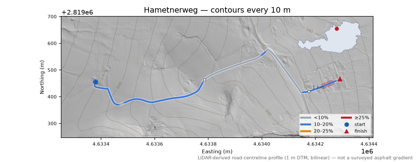 Hametnerweg LiDAR hillshade map with contours