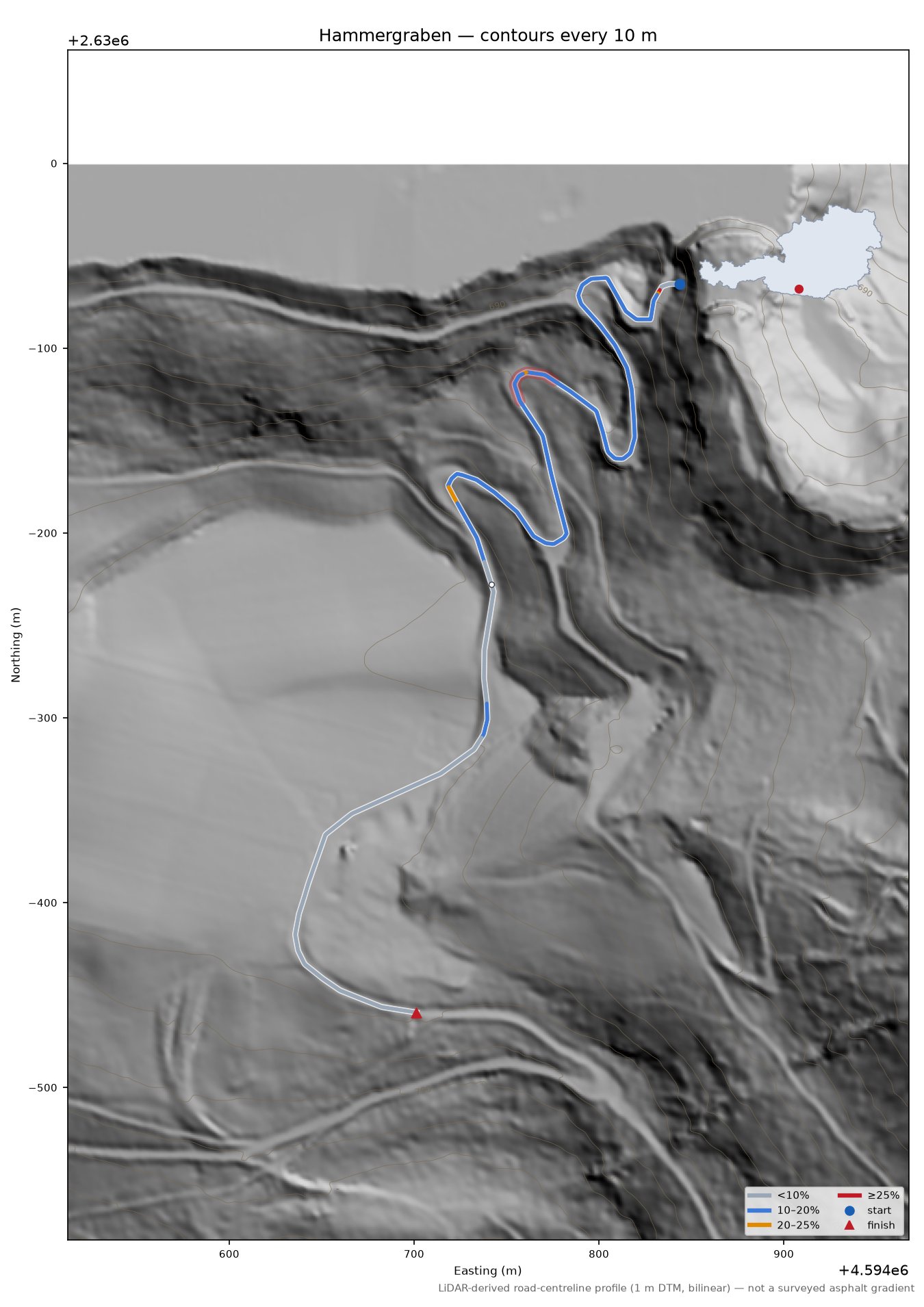 Hammergraben LiDAR hillshade map with contours