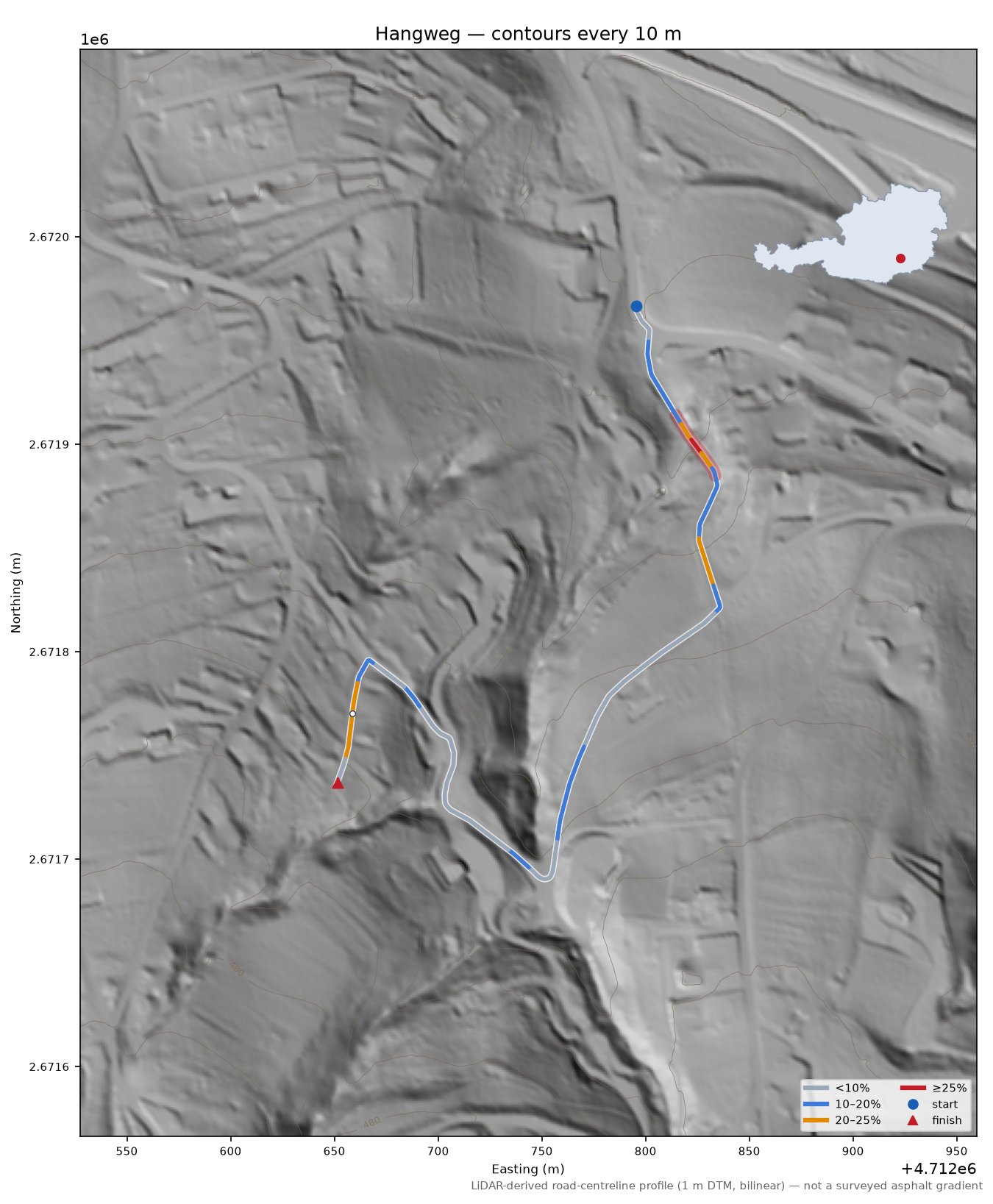 Hangweg LiDAR hillshade map with contours