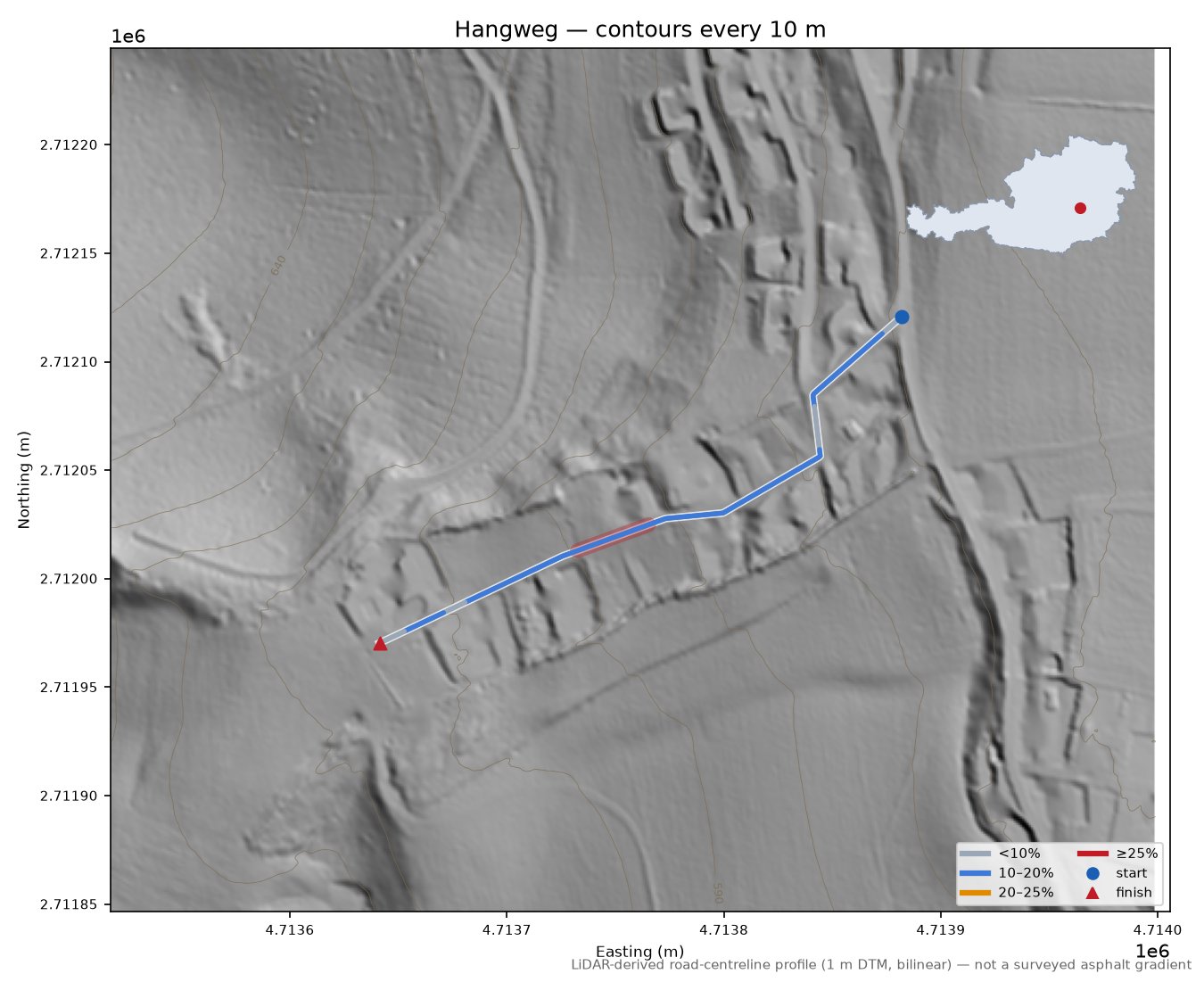 Hangweg LiDAR hillshade map with contours