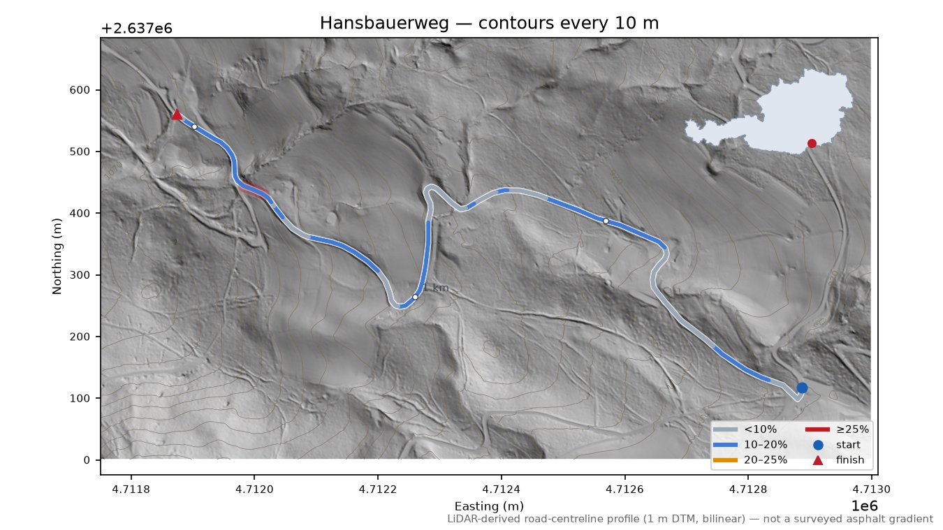 Hansbauerweg LiDAR hillshade map with contours