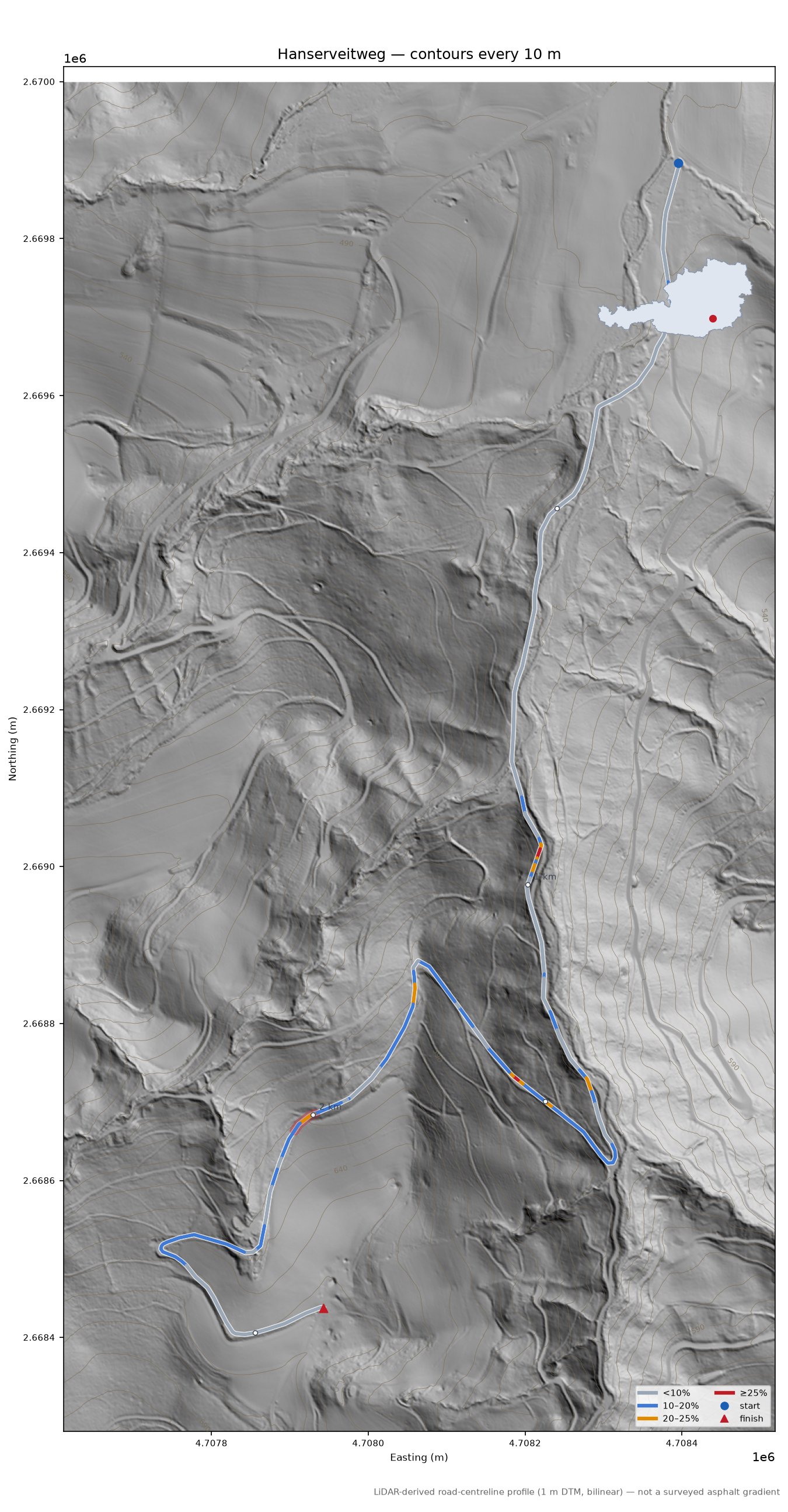 Hanserveitweg LiDAR hillshade map with contours