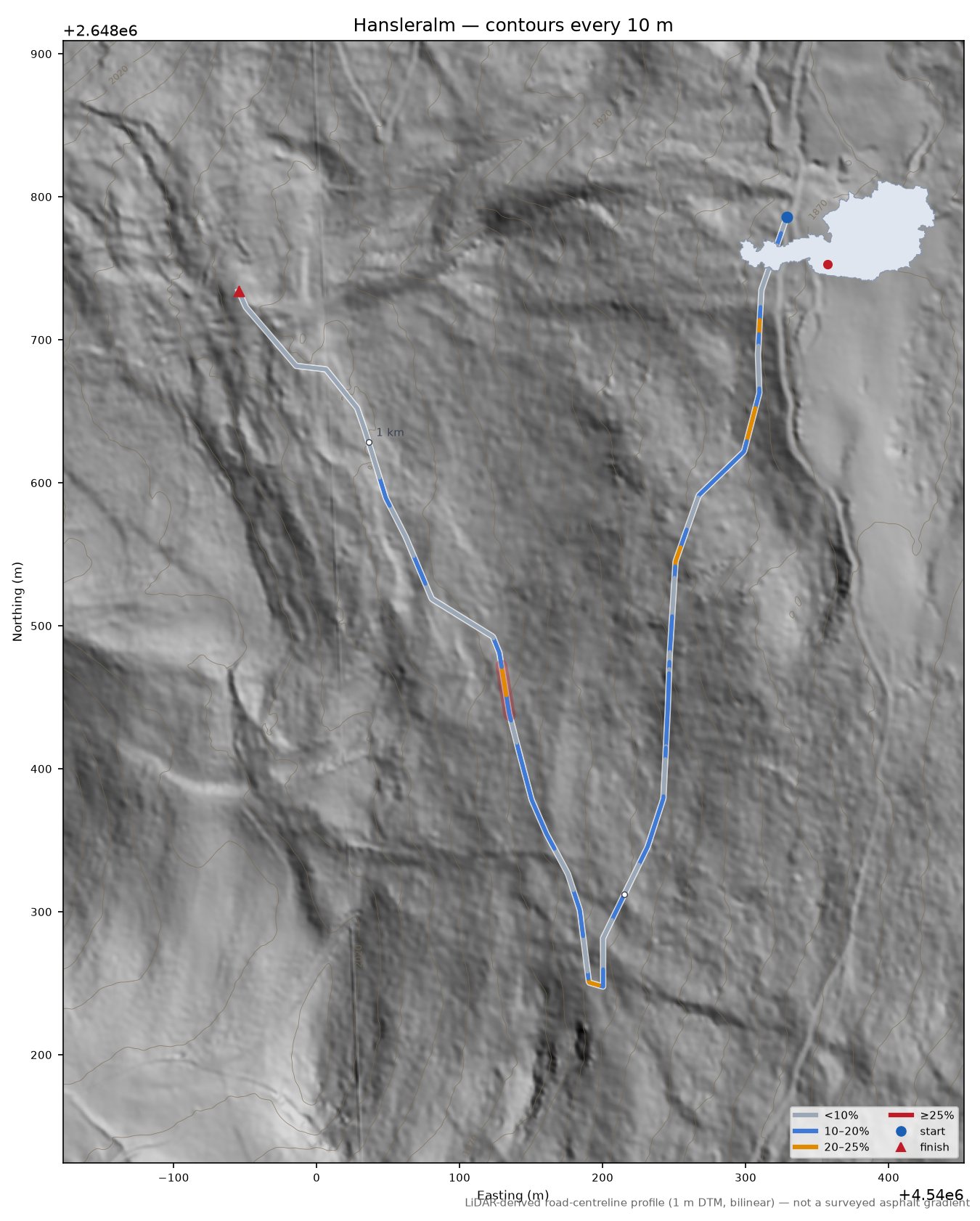 Hansleralm LiDAR hillshade map with contours