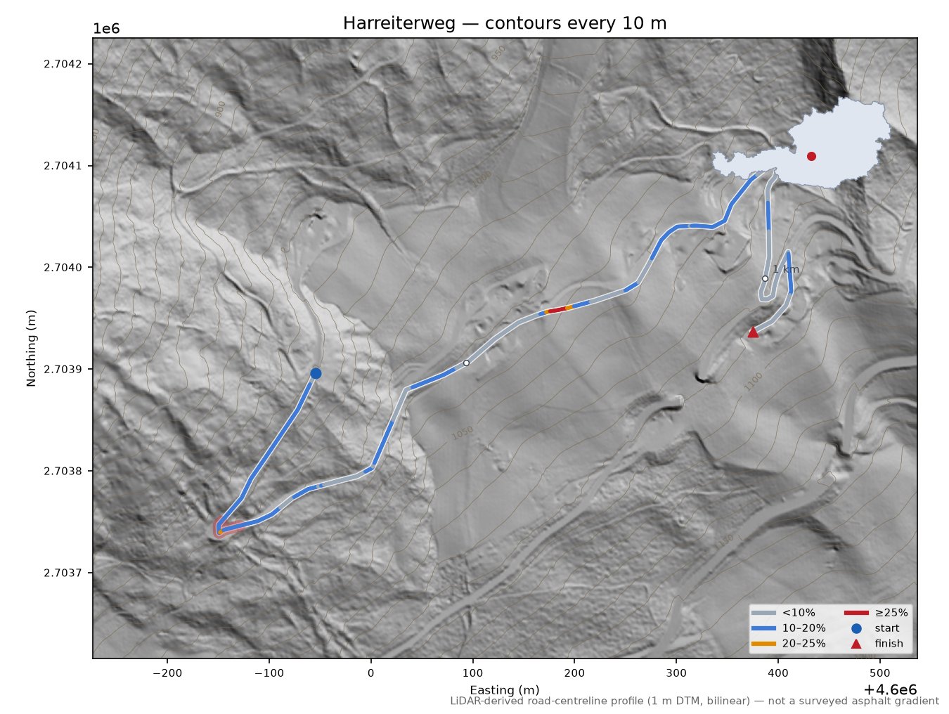 Harreiterweg LiDAR hillshade map with contours
