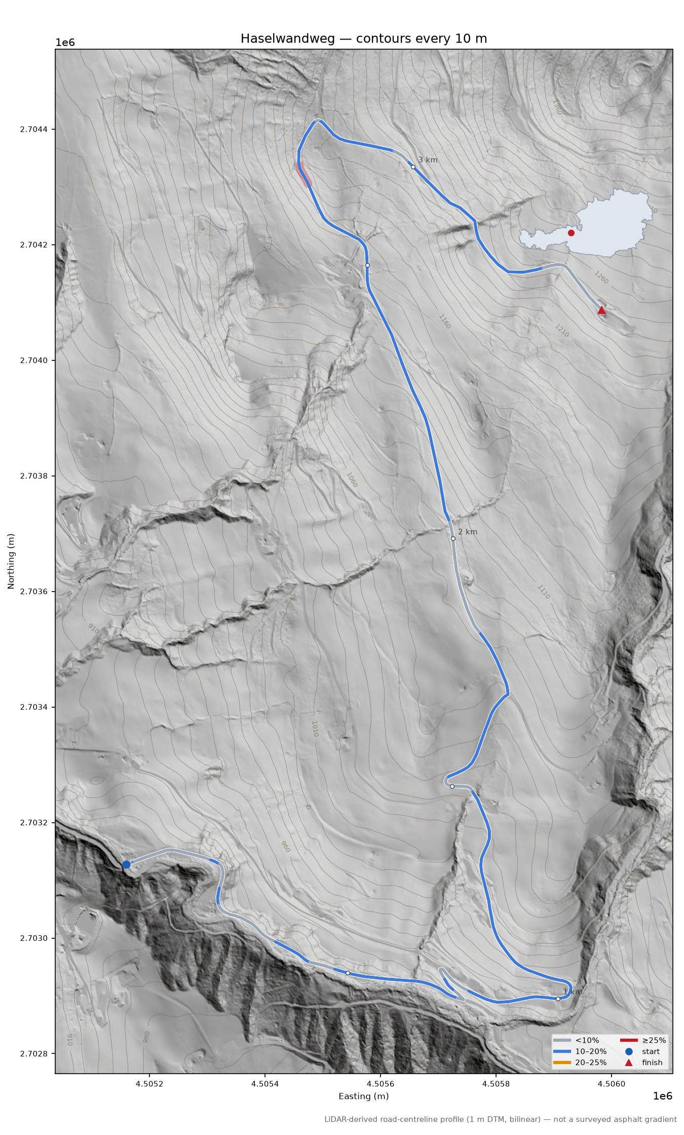 Haselwandweg LiDAR hillshade map with contours