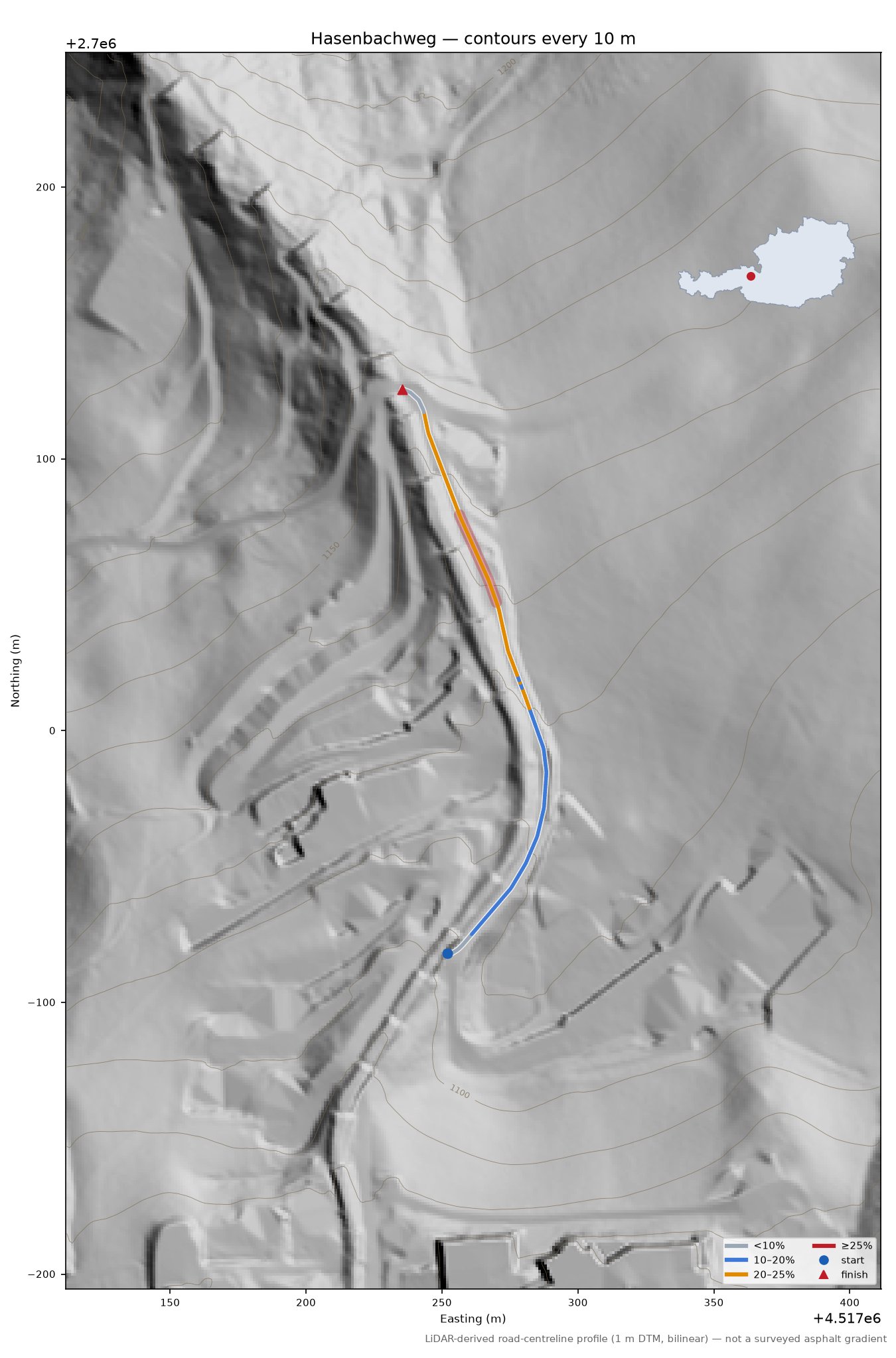 Hasenbachweg LiDAR hillshade map with contours