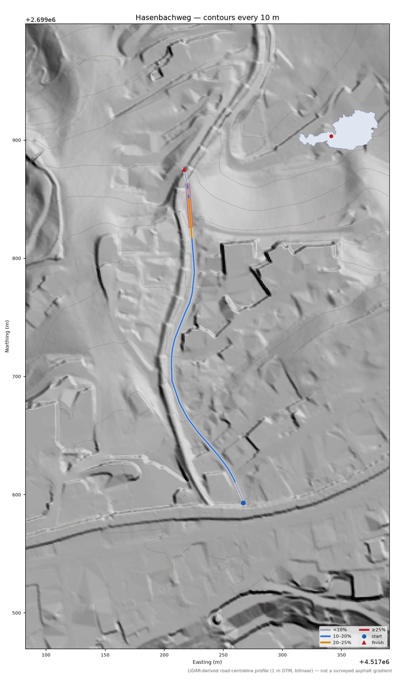 Hasenbachweg LiDAR hillshade map with contours