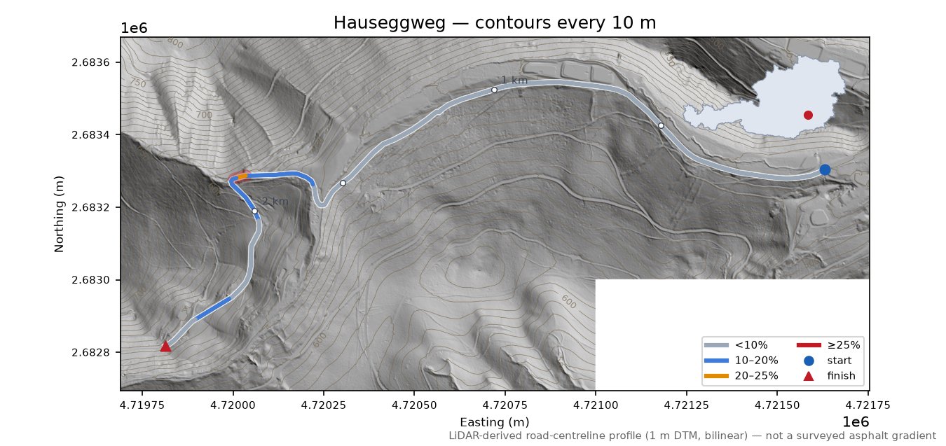 Hauseggweg LiDAR hillshade map with contours