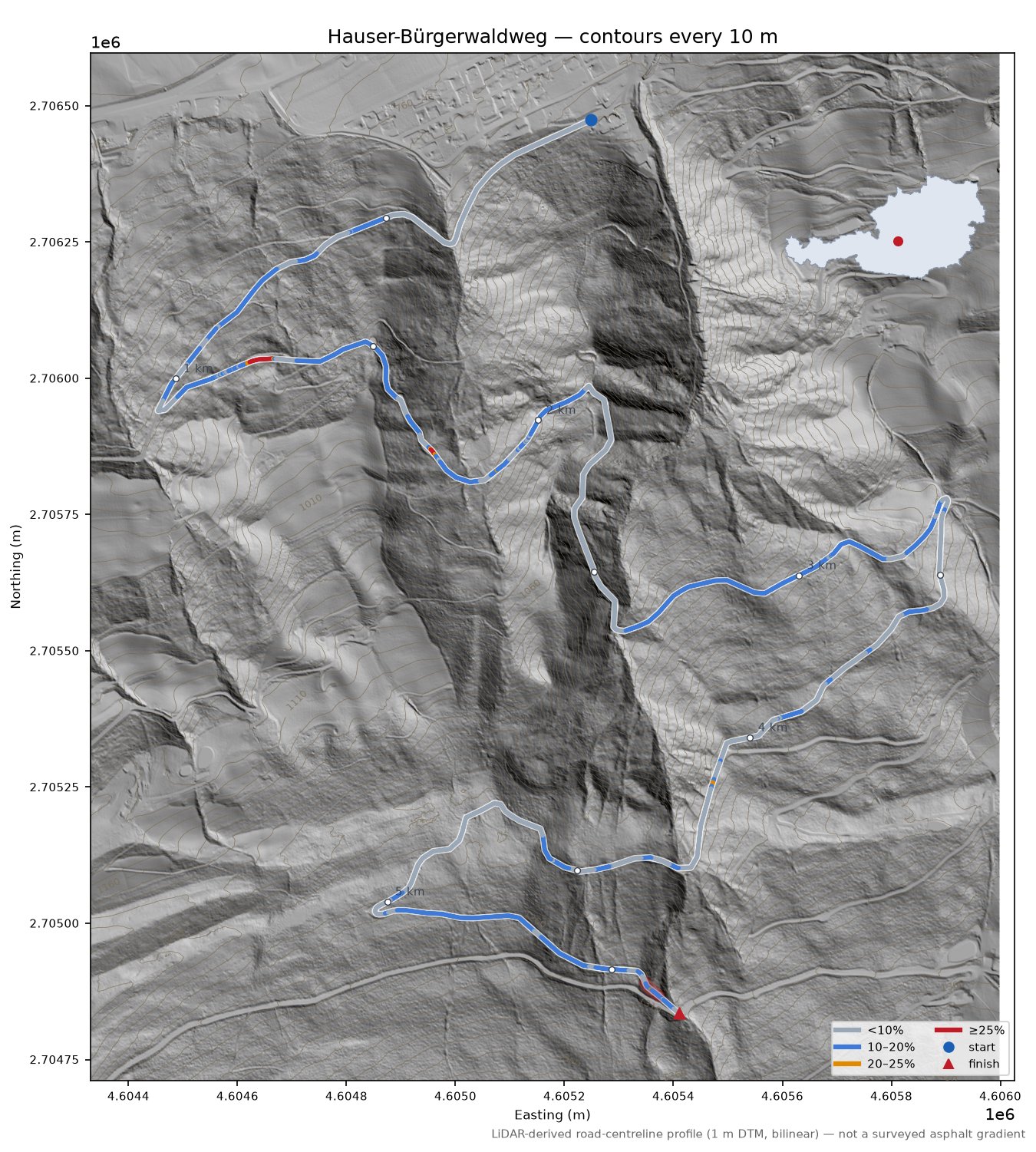 Hauser-Bürgerwaldweg LiDAR hillshade map with contours