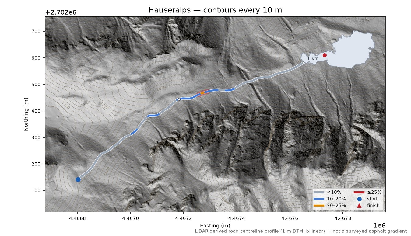 Hauseralps LiDAR hillshade map with contours