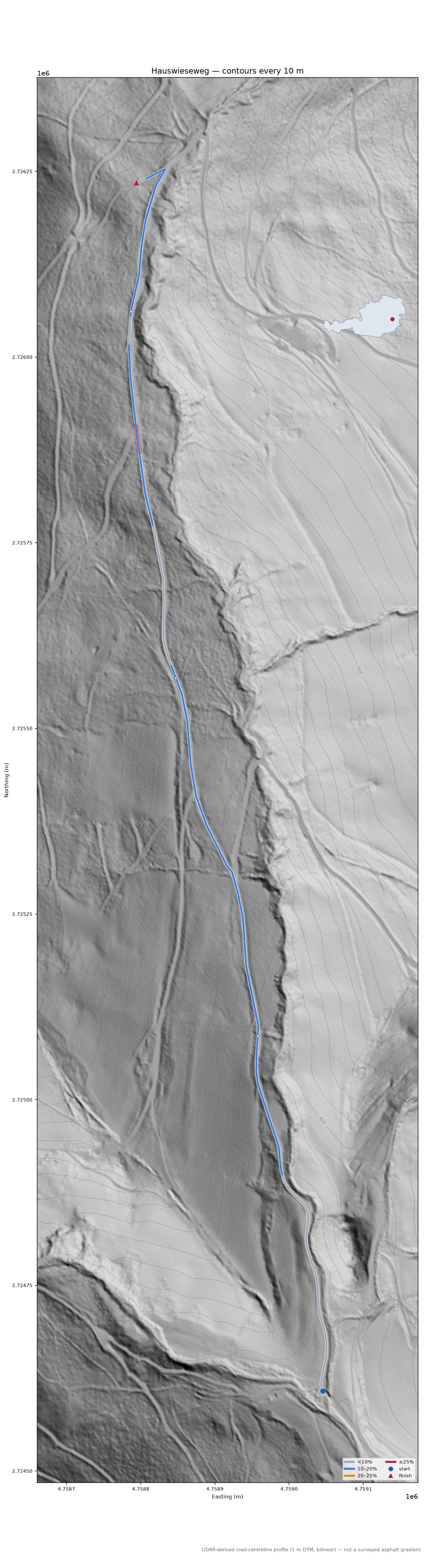 Hauswieseweg LiDAR hillshade map with contours