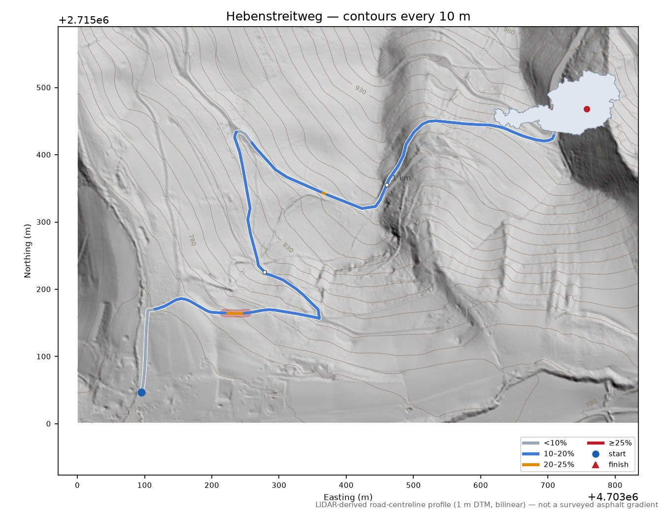 Hebenstreitweg LiDAR hillshade map with contours