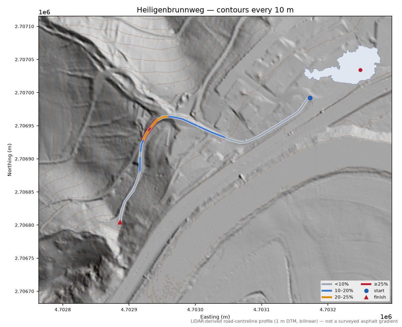 Heiligenbrunnweg LiDAR hillshade map with contours