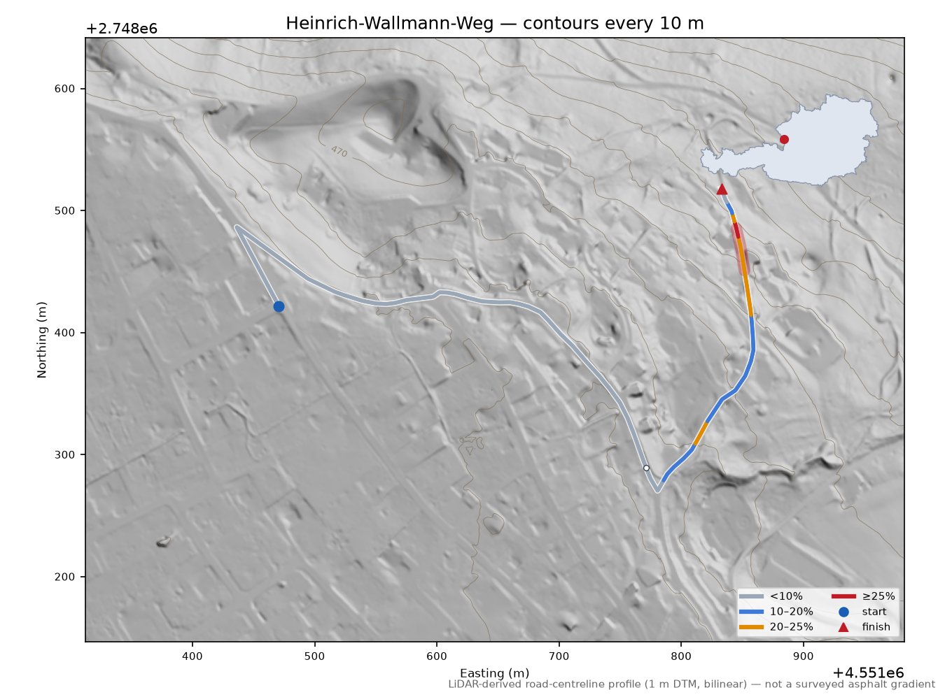Heinrich-Wallmann-Weg LiDAR hillshade map with contours