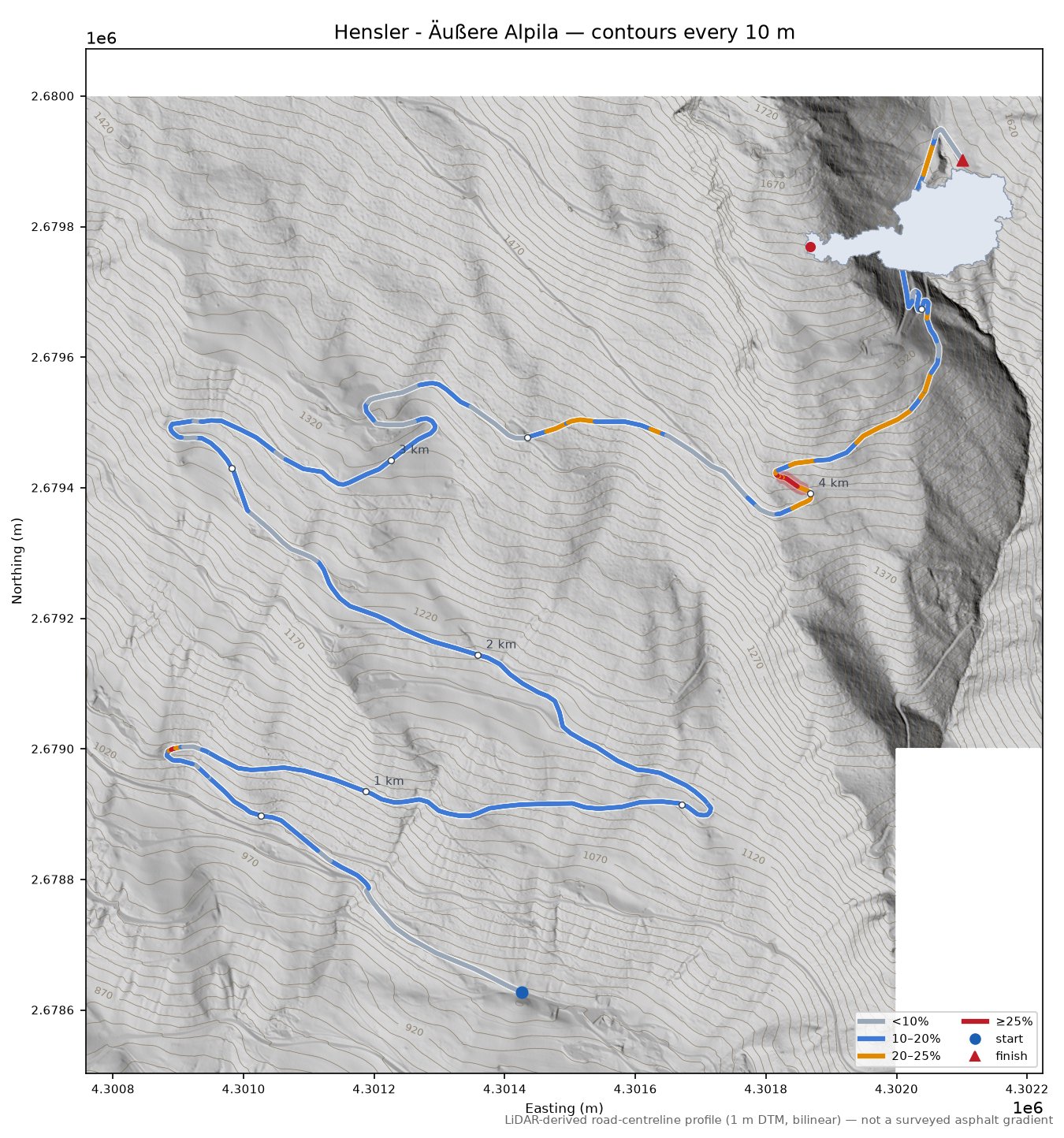 Hensler - Äußere Alpila LiDAR hillshade map with contours