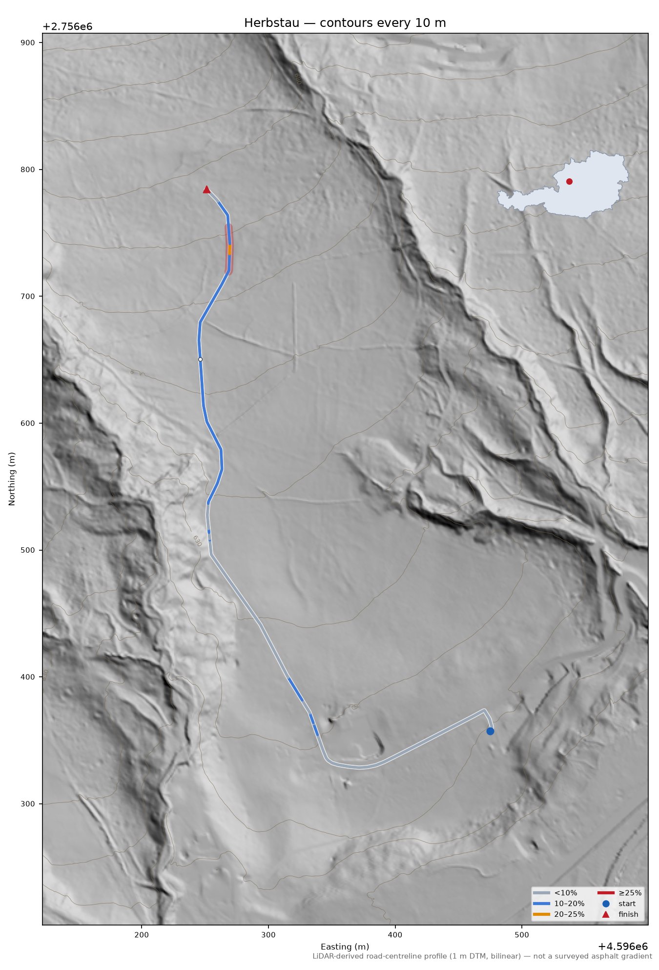 Herbstau LiDAR hillshade map with contours