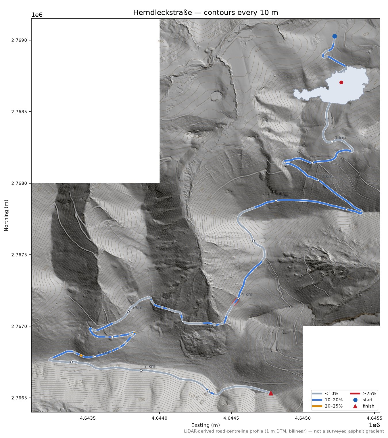 Herndleckstraße LiDAR hillshade map with contours