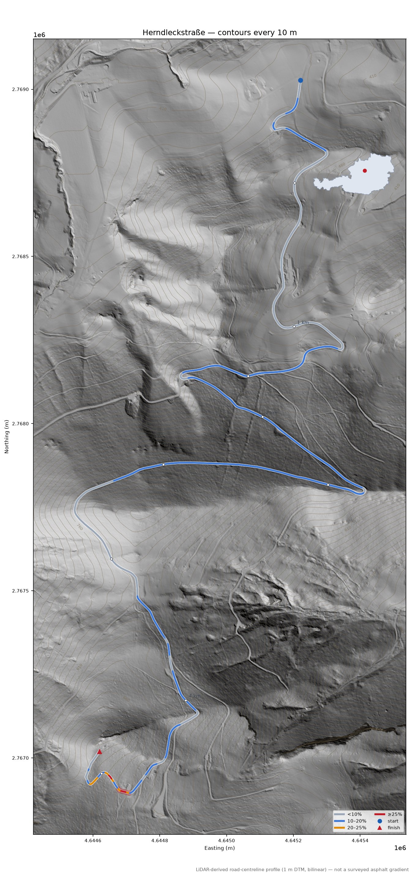 Herndleckstraße LiDAR hillshade map with contours