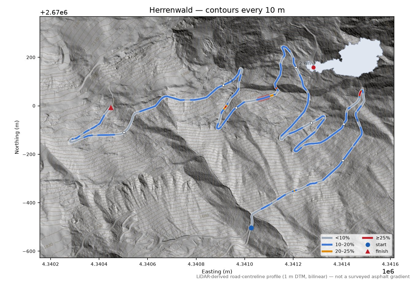 Herrenwald LiDAR hillshade map with contours