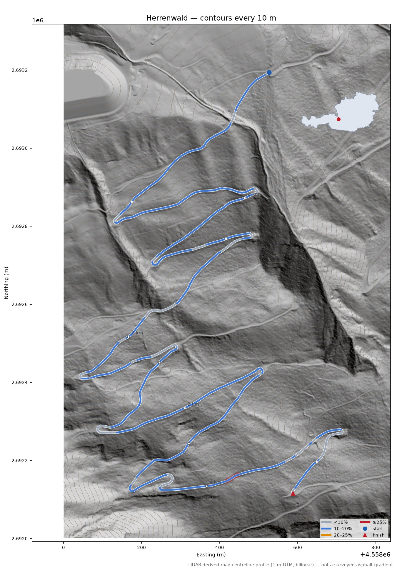 Herrenwald LiDAR hillshade map with contours